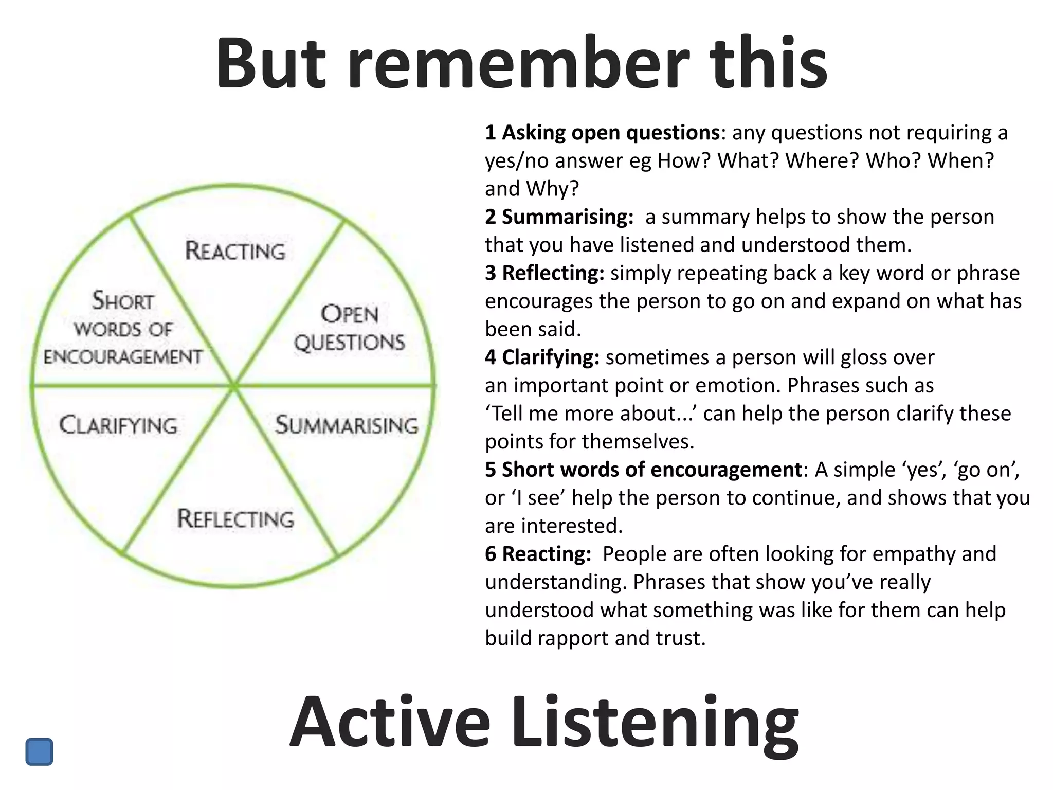 Active Listening
1 Asking open questions: any questions not requiring a
yes/no answer eg How? What? Where? Who? When?
and Why?
2 Summarising: a summary helps to show the person
that you have listened and understood them.
3 Reflecting: simply repeating back a key word or phrase
encourages the person to go on and expand on what has
been said.
4 Clarifying: sometimes a person will gloss over
an important point or emotion. Phrases such as
‘Tell me more about...’ can help the person clarify these
points for themselves.
5 Short words of encouragement: A simple ‘yes’, ‘go on’,
or ‘I see’ help the person to continue, and shows that you
are interested.
6 Reacting: People are often looking for empathy and
understanding. Phrases that show you’ve really
understood what something was like for them can help
build rapport and trust.
But remember this
 