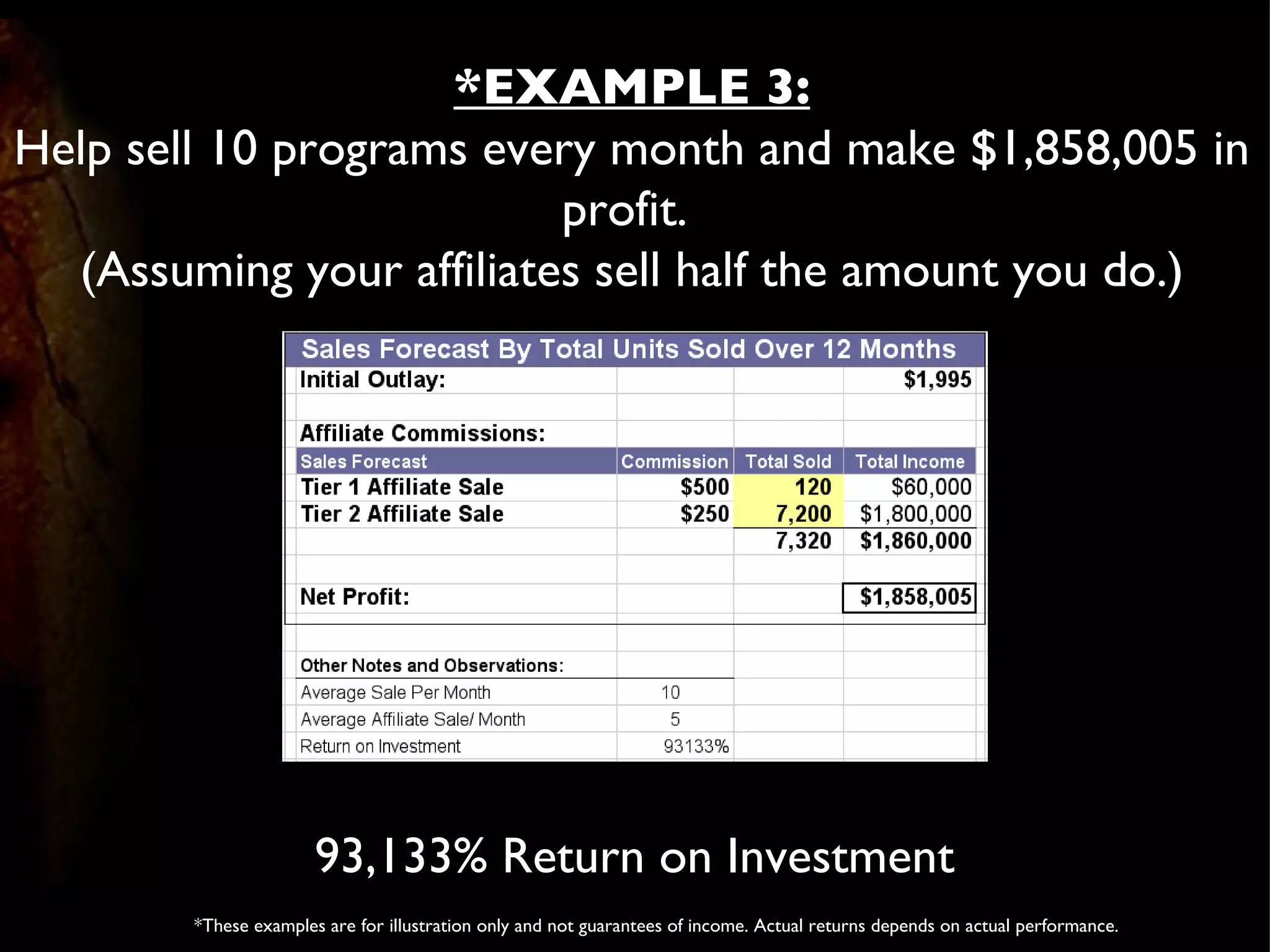 93,133% Return on Investment *EXAMPLE 3: Help sell 10 programs every month and make $1,858,005 in profit.  (Assuming your affiliates sell half the amount you do.) *These examples are for illustration only and not guarantees of income. Actual returns depends on actual performance. 
