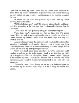 them back up above my head. I can’t help but scream when he thrusts so
deep, it hits my cervix. The mixture of pleasure and pain is overwhelming,
but only makes me want it more. I want to dance on the line that separates
the two.
He pounds into me again, and again and again until I feel my climax
building deep in my belly.
“Ah! Fuck, Lukas, don’t stop!” He plunges into me harder and faster,
until I’m screaming so fucking loud that I’m internally thanking God he
lives alone.
Lukas slows his hips, gradually letting me ride out my orgasm.
“Fuck, baby, you’re squeezing my dick so tight. Shit. I’m gonna
come.” I feel his body tense, muscles tightening as he pulls out of me and
comes all over my stomach, and it’s the most erotic sight watching him
spurt all over me.
Lukas crashes down into the mattress beside me, breathless, both of us
sweating. I definitely need another shower. I go to move, my body
protesting because I’m sore. It isn’t the only thing to protest though, Lukas
throws his arm over my body pulling me into him.
“Don’t even think about going anywhere, baby,” he warns me, and I
can hear a smile on his lips as he speaks. I laugh at his objection, but I still
try to wriggle out of his hold telling him, “I need a shower. Again.” I giggle
as he squeezes my side. This is such a different side to him that I’ve never
experienced, and I want to absorb every moment of it, but I will after I’ve
showered.
Eventually Lukas relents, letting me up, his gaze darkening again, as
he watches my ass while I walk away, as if he is ready for round two.
Unreal.
 