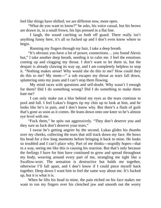 feel like things have shifted; we are different now, more open.
“What do you want to know?” he asks, his voice casual, but his brows
are drawn in, in a small frown, his lips pressed in a flat line.
I laugh, the sound catching us both off guard. There really isn’t
anything funny here, it’s all so fucked up and I don’t even know where to
begin.
Running my fingers through my hair, I take a deep breath.
“It’s obvious you have a lot of power, connections… you found Alexis
but,” I take another deep breath, needing it to calm me. I feel the emotions
coming up and clogging my throat. I don’t want to let them in, but the
despair is already clawing its way up, and I am completely helpless to stop
it. “Nothing makes sense! Why would she do this to me? How could they
do this to me? My mom—” a sob escapes my throat as tears fall down,
splattering onto my jeans and I can’t stop them flowing.
My mind races with questions and self-doubt. Why wasn’t I enough
for them? Did I do something wrong? Did I do something to make them
hate me?
I can only make out a blur behind my eyes as the tears continue to
pool and fall. I feel Lukas’s fingers tip my chin up to look at him, and he
looks like he’s in pain, and I don’t know why. But there’s a flash of guilt
that’s gone as soon as it comes. He leans down onto one knee so he’s almost
eye level with me.
“Fuck them,” he spits out aggressively. “They don’t deserve you and
they sure as fuck don’t deserve your tears.”
I swear he’s getting angrier by the second. Lukas glides his thumbs
over my cheeks, collecting the tears that still track down my face. He bows
his head for a few long moments before bringing it back to mine. He looks
so troubled and I can’t place why. Part of me thinks—stupidly hopes—that
in a way, seeing me like this is causing his reaction. But that’s only because
the feelings I have for him have continued to grow and spread throughout
my body, weaving around every part of me, strangling me tight like a
Swallow-wort. The sensation is destructive but holds me together,
otherwise I’ll fall apart, and I don’t know if I could piece myself back
together. Deep down I want him to feel the same way about me. It’s fucked
up, but it is what it is.
When he lifts his head to mine, the pain etched on his face makes me
want to run my fingers over his clenched jaw and smooth out the worry
 