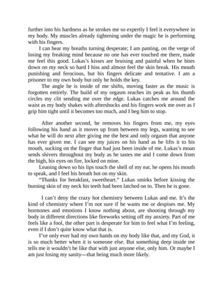 further into his hardness as he strokes me so expertly I feel it everywhere in
my body. My muscles already tightening under the magic he is performing
with his fingers.
I can hear my breaths turning desperate; I am panting, on the verge of
losing my freaking mind because no one has ever touched me there, made
me feel this good. Lukas’s kisses are bruising and painful when he bites
down on my neck so hard I hiss and almost feel the skin break. His mouth
punishing and ferocious, but his fingers delicate and tentative. I am a
prisoner to my own body but only he holds the key.
The angle he is inside of me shifts, moving faster as the music is
forgotten entirely. The build of my orgasm reaches its peak as his thumb
circles my clit sending me over the edge. Lukas catches me around the
waist as my body shakes with aftershocks and his fingers work me over as I
grip him tight until it becomes too much, and I beg him to stop.
After another second, he removes his fingers from me, my eyes
following his hand as it moves up from between my legs, wanting to see
what he will do next after giving me the best and only orgasm that anyone
has ever given me. I can see my juices on his hand as he lifts it to his
mouth, sucking on the finger that had just been inside of me. Lukas’s moan
sends shivers throughout my body as he tastes me and I come down from
the high, his eyes on fire, locked on mine.
Leaning down so his lips touch the shell of my ear, he opens his mouth
to speak, and I feel his breath hot on my skin.
“Thanks for breakfast, sweetheart.” Lukas smirks before kissing the
burning skin of my neck his teeth had been latched on to. Then he is gone.
I can’t deny the crazy hot chemistry between Lukas and me. It’s the
kind of chemistry where I’m not sure if he wants me or despises me. My
hormones and emotions I know nothing about, are shooting through my
body in different directions like fireworks setting off my anxiety. Part of me
feels like a fool, the other part is desperate for him to feel what I’m feeling,
even if I don’t quite know what that is.
I’ve only ever had my own hands on my body like that, and my God, it
is so much better when it is someone else. But something deep inside me
tells me it wouldn’t be like that with just anyone else, only him. Or maybe I
am just losing my sanity—that being much more likely.
 