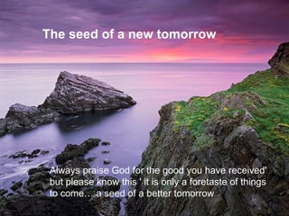The seed of a new tomorrow Always praise God for the good you have received'  but please know this ' it is only a foretaste of things to come… a seed of a better tomorrow 