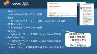  Twitter
 TweetDeck でキーワード追跡
 Blog
 TweetDeck でキーワード追跡, Google Alerts で追跡
 読書メーター
 TweetDeck でキーワード追跡
 Teratail
 Pythonキーワードで追跡, Google Alerts で追跡
 StackOverflow
 Pythonキーワードで追跡, Google Alerts で追跡
 Amazonレビュー
 時々。マイナス評価を読み過ぎると心が折れます
SNSの追跡
2021/5/12 8
3年前に比べて、
書籍と関係ない
「独学プログラ
マー」
がかなり増えた
 