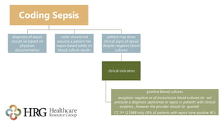 Coding Sepsis
diagnosis of sepsis
should be based on
physician
documentation
coder should not
assume a patient has
sepsis based solely on
blood culture results
patient may show
clinical signs of sepsis
despite negative blood
cultures
clinical indicators
positive blood cultures
exception: negative or of inconclusive blood cultures do not
preclude a diagnosis septicemia or sepsis in patients with clinical
evidence…however the provider should be queried
CC 3rd Q1988 only 28% of patients with sepsis have positive BCs
 