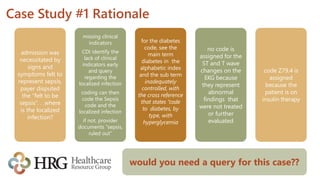 Case Study #1 Rationale
admission was
necessitated by
signs and
symptoms felt to
represent sepsis,
payer disputed
the “felt to be
sepsis”. . .where
is the localized
infection?
missing clinical
indicators
CDI identify the
lack of clinical
indicators early
and query
regarding the
localized infection
coding can then
code the Sepsis
code and the
localized infection
if not, provider
documents “sepsis,
ruled out”
for the diabetes
code, see the
main term
diabetes in the
alphabetic index
and the sub term
inadequately
controlled, with
the cross reference
that states “code
to diabetes, by
type, with
hyperglycemia
no code is
assigned for the
ST and T wave
changes on the
EKG because
they represent
abnormal
findings that
were not treated
or further
evaluated
code Z79.4 is
assigned
because the
patient is on
insulin therapy
would you need a query for this case??
 