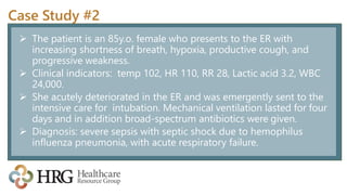 Case Study #2
 The patient is an 85y.o. female who presents to the ER with
increasing shortness of breath, hypoxia, productive cough, and
progressive weakness.
 Clinical indicators: temp 102, HR 110, RR 28, Lactic acid 3.2, WBC
24,000.
 She acutely deteriorated in the ER and was emergently sent to the
intensive care for intubation. Mechanical ventilation lasted for four
days and in addition broad-spectrum antibiotics were given.
 Diagnosis: severe sepsis with septic shock due to hemophilus
influenza pneumonia, with acute respiratory failure.
 