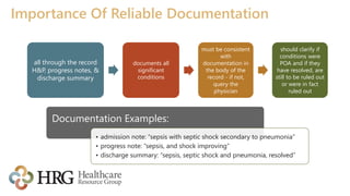 Importance Of Reliable Documentation
all through the record
H&P, progress notes, &
discharge summary
documents all
significant
conditions
must be consistent
with
documentation in
the body of the
record - if not,
query the
physician
should clarify if
conditions were
POA and if they
have resolved, are
still to be ruled out
or were in fact
ruled out
Documentation Examples:
• admission note: “sepsis with septic shock secondary to pneumonia”
• progress note: “sepsis, and shock improving”
• discharge summary: “sepsis, septic shock and pneumonia, resolved”
 