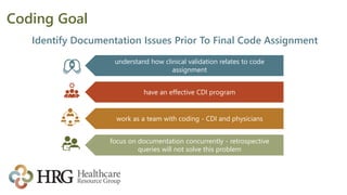 Identify Documentation Issues Prior To Final Code Assignment
understand how clinical validation relates to code
assignment
have an effective CDI program
work as a team with coding - CDI and physicians
focus on documentation concurrently - retrospective
queries will not solve this problem
Coding Goal
 