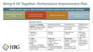 Bring It All Together: Performance Improvement Plan
identify missed, vague or under-documented clinical conditions for sepsis before discharge
maybe different for each
facility
no physician groups
document the same
takes the whole team
begin by focusing on sepsis
admissions
Example: Sepsis
 