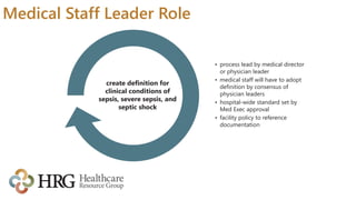 Medical Staff Leader Role
• process lead by medical director
or physician leader
• medical staff will have to adopt
definition by consensus of
physician leaders
• hospital-wide standard set by
Med Exec approval
• facility policy to reference
documentation
create definition for
clinical conditions of
sepsis, severe sepsis, and
septic shock
 