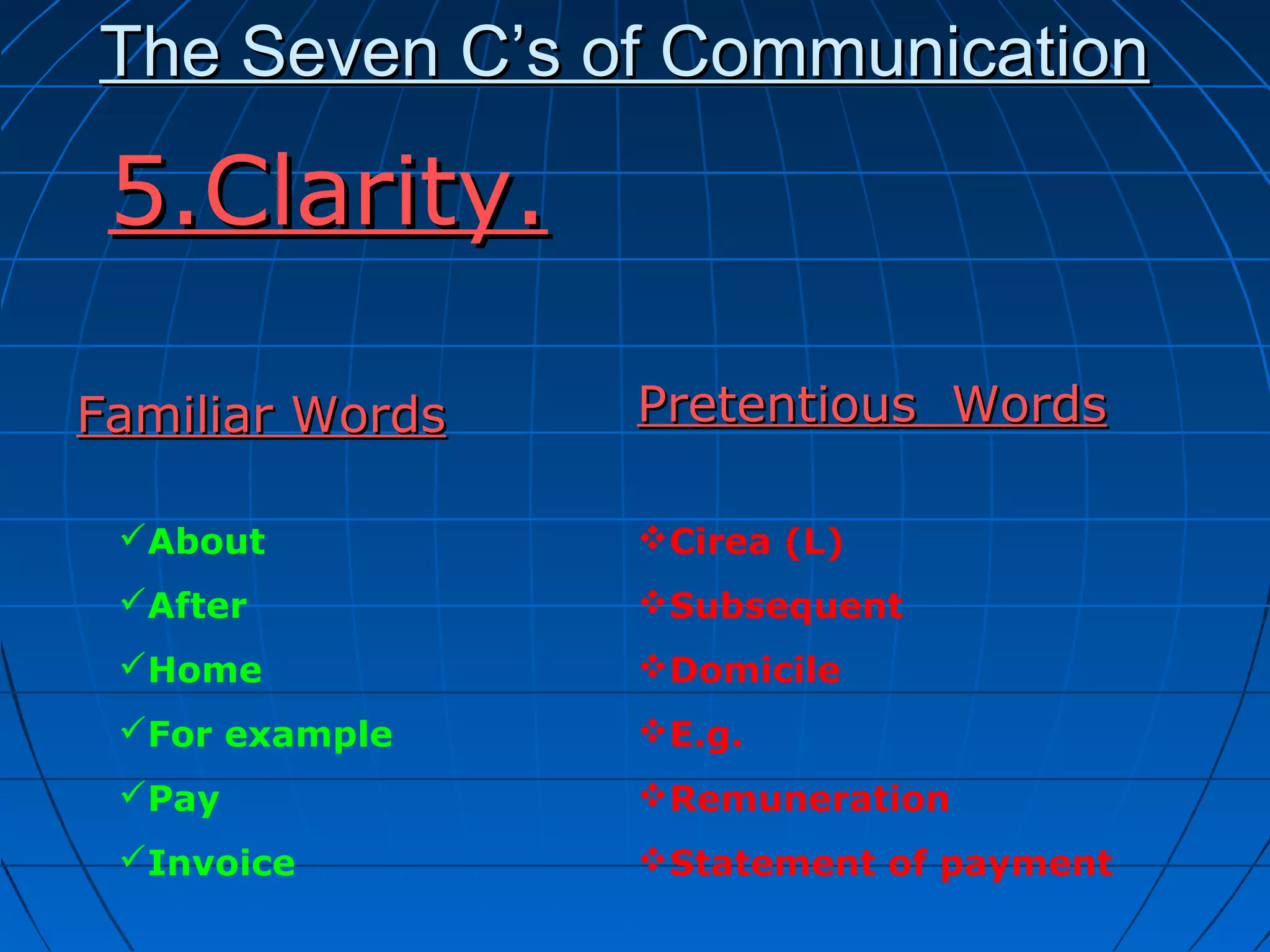 The Seven C’s of CommunicationThe Seven C’s of Communication
Familiar WordsFamiliar Words
5.Clarity.5.Clarity.
About
After
Home
For example
Pay
Invoice
Cirea (L)
Subsequent
Domicile
E.g.
Remuneration
Statement of payment
Pretentious WordsPretentious Words
 