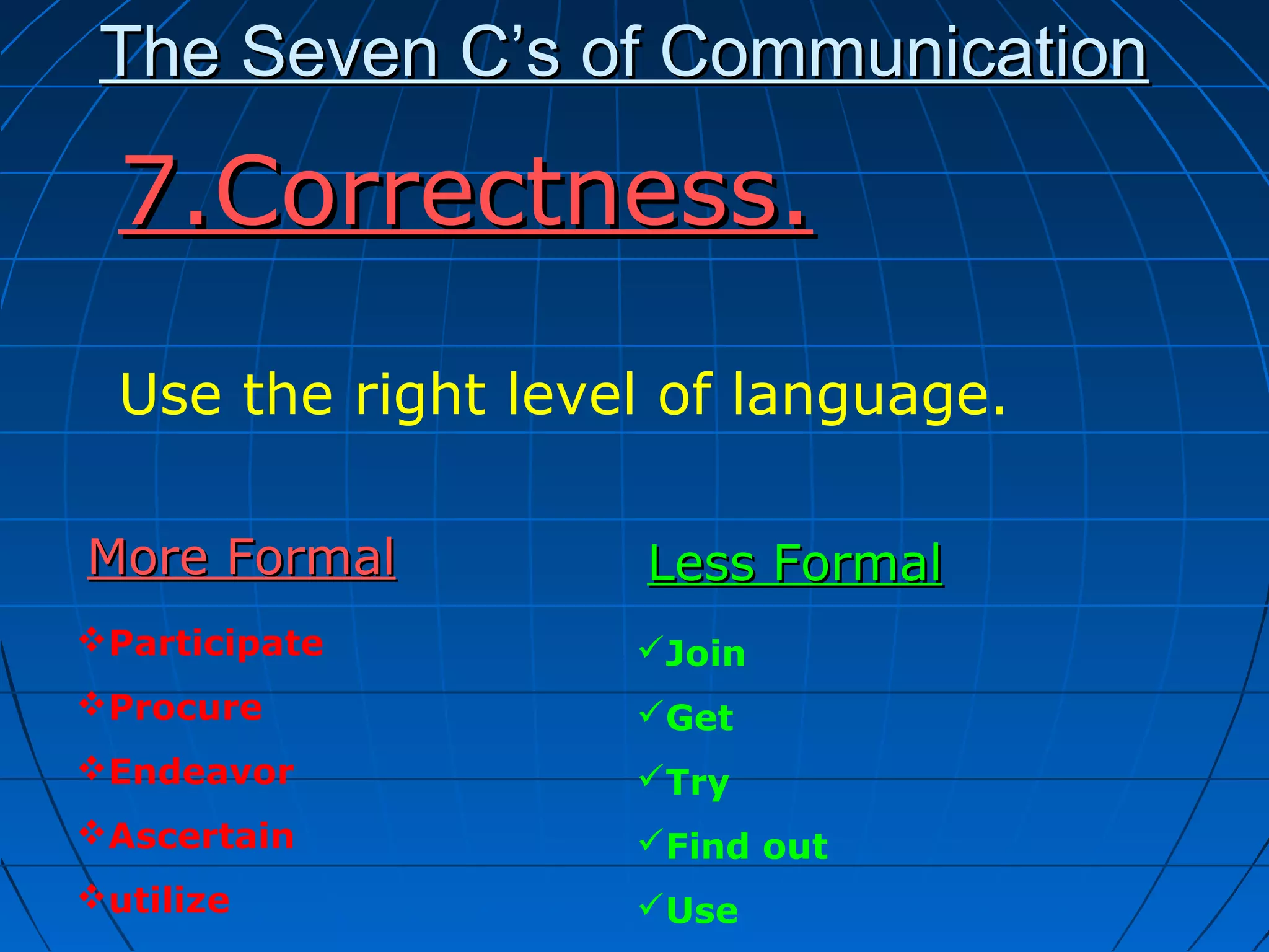 The Seven C’s of CommunicationThe Seven C’s of Communication
More FormalMore Formal
7.Correctness.7.Correctness.
Use the right level of language.
Participate
Procure
Endeavor
Ascertain
utilize
Join
Get
Try
Find out
Use
Less FormalLess Formal
 