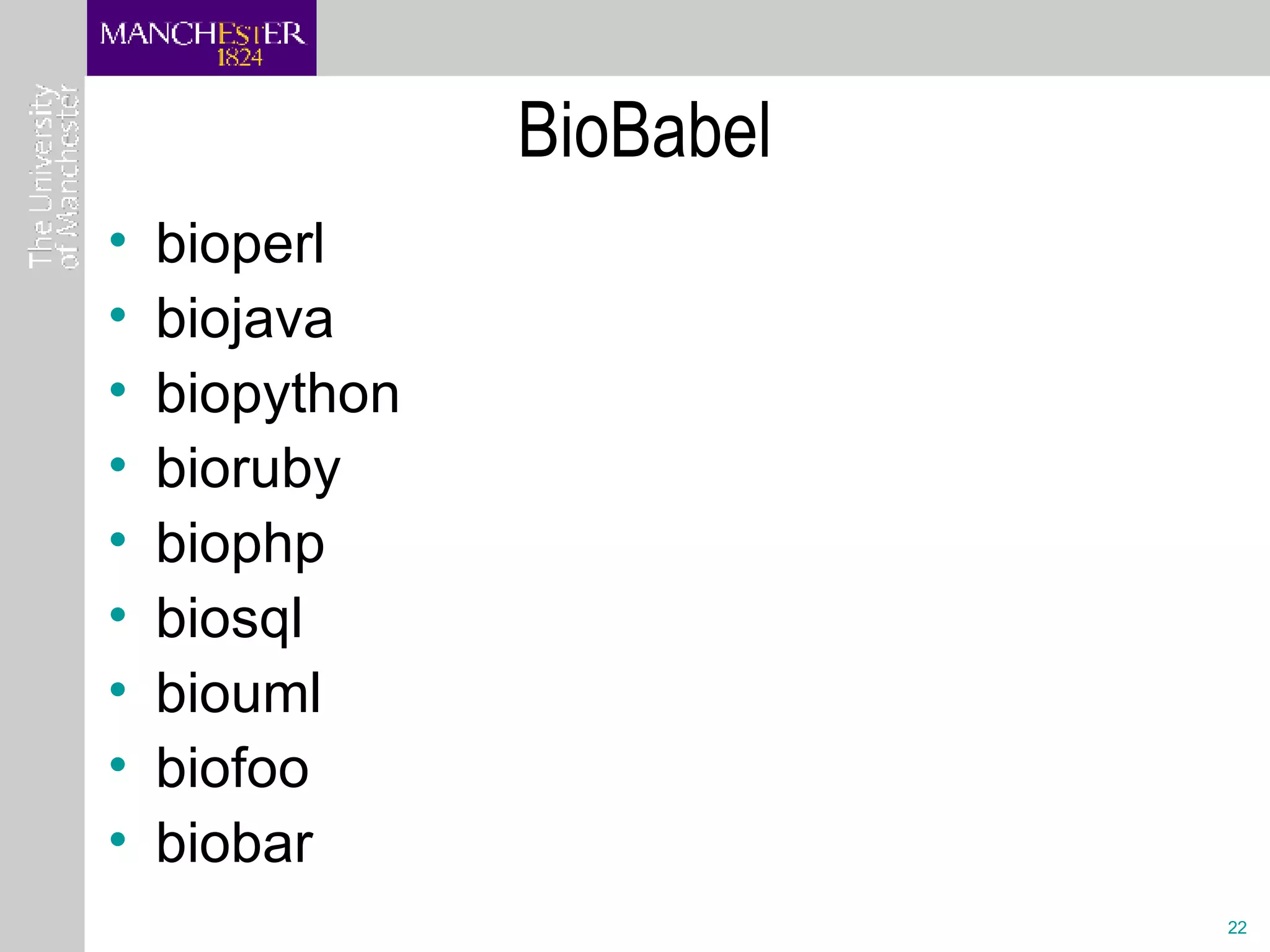 BioBabel bioperl  biojava  biopython  bioruby  biophp biosql  biouml biofoo biobar 