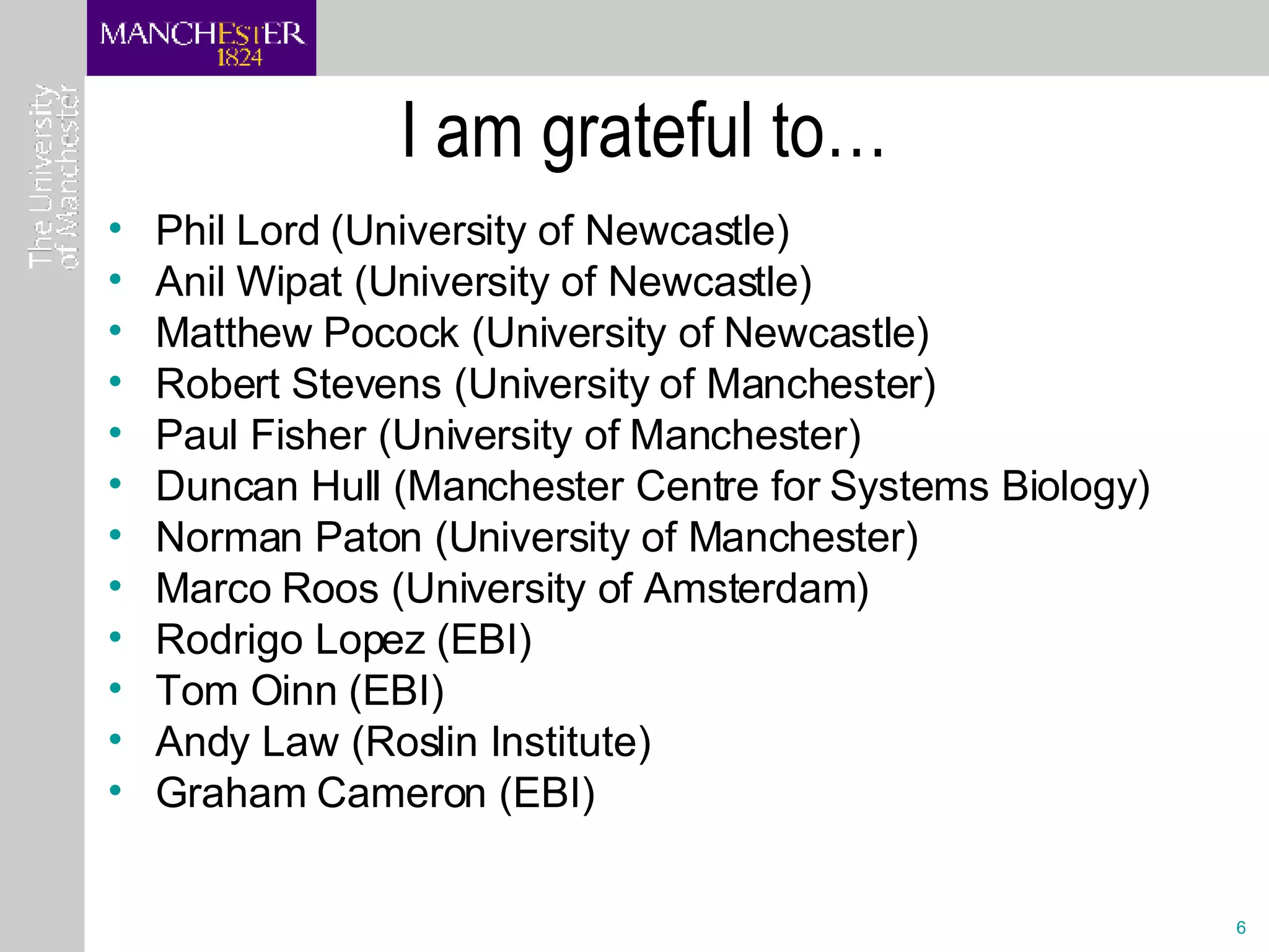 I am grateful to… Phil Lord (University of Newcastle) Anil Wipat (University of Newcastle) Matthew Pocock (University of Newcastle) Robert Stevens (University of Manchester) Paul Fisher (University of Manchester) Duncan Hull (Manchester Centre for Systems Biology) Norman Paton (University of Manchester) Marco Roos (University of Amsterdam) Rodrigo Lopez (EBI) Tom Oinn (EBI) Andy Law (Roslin Institute) Graham Cameron (EBI) 