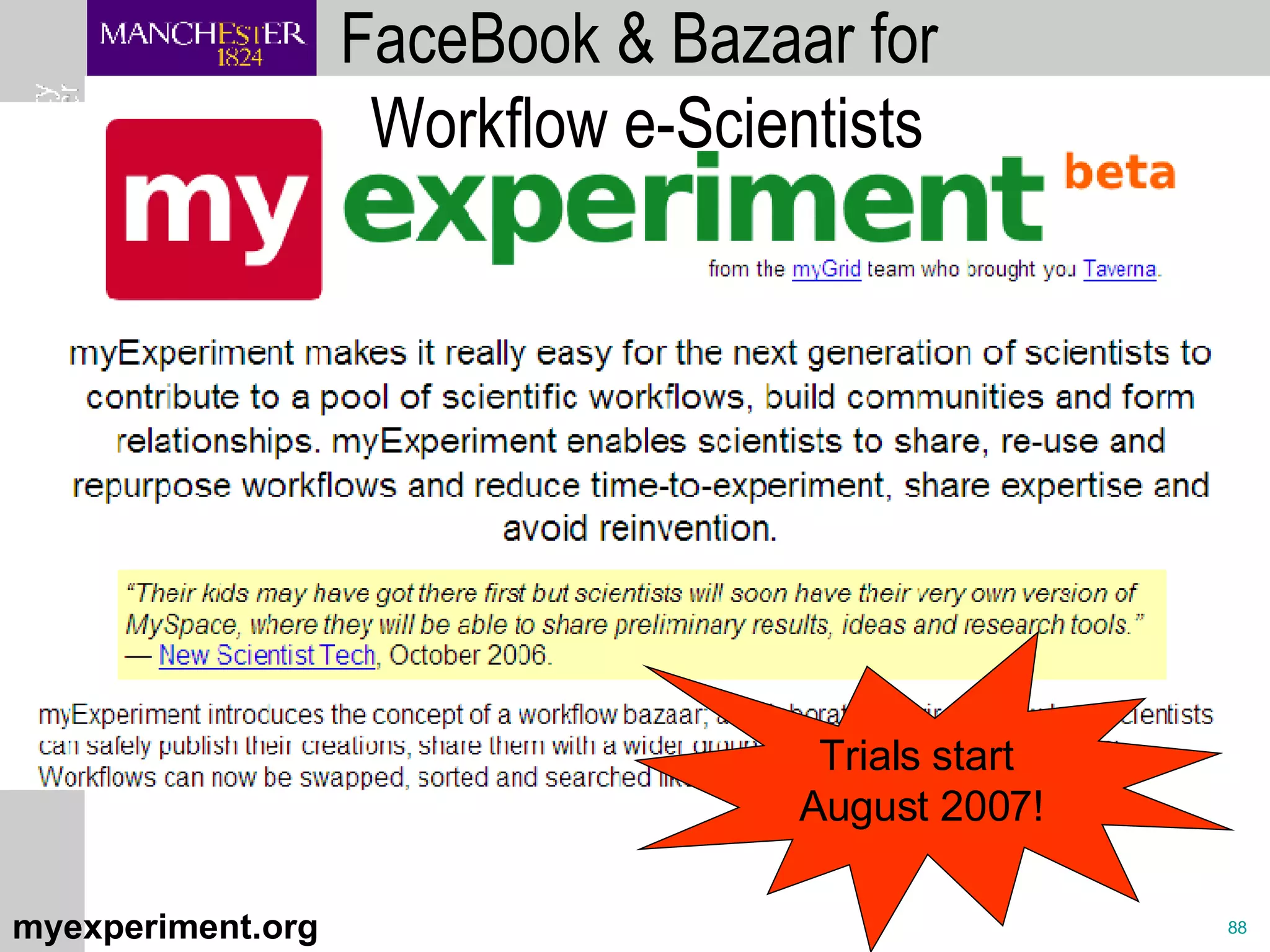 FaceBook & Bazaar for  Workflow e-Scientists myexperiment.org Trials start  August 2007! 