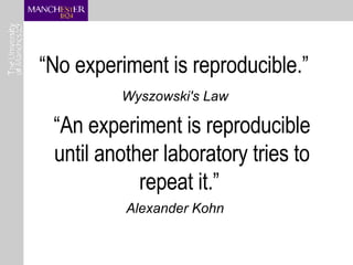 “ No experiment is reproducible.”  Wyszowski's Law “ An experiment is reproducible until another laboratory tries to repea...