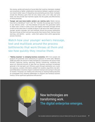 New technologies are
transforming work.
The digital enterprise emerges.
the volume, variety and velocity of social data that could be channeled, modeled
and monetized as tighter collaboration mechanisms between suppliers and part-
ners lead to better ways of integrating and automating process flows. Examples
include the efficiency gains that not only reduce costs, error rates and cycle
times, but also provide near-real-time signals into the quality and effectiveness
of those processes.
•	Younger and ever-more-mobile workers are rewiring work. Mobile devices
have led to a blending of “work” and “life.” Consider the average age of workers
in your delivery center — are they between 24 and 26? This generation wants
to swipe every screen it comes across and happily multi-tasks through several
screens at the same time in multiple locations to get work done. Watch how your
younger workers message, text and multitask around the process bottlenecks
that work throws at them and see how quickly they resolve them. Harness those
learnings, and identify — quickly — pilots that capture them within appropriate
process functions.
•	“Making meaning” is reshaping business economics. With more people and
products IP-connected, we’re witnessing an explosion of online data. Between
2008 and 2020, the amount of data managed by corporations will grow at least
44-fold.8
Capturing, storing, searching, sharing, transferring, visualizing and,
above all, analyzing torrents of data that our business processes increasingly
generate is the new gold rush. Efficiency gains through automation are crucial,
but explosive, corollary information yielded from analytics algorithms has deliv-
ered $766 billion in business impact (combined revenues and savings) in the past
12 months.9
Processes are melting and reforming as meaning-making becomes
an unstoppable force allowing stakeholders to pinpoint and monetize business
trends or drive significant operational efficiencies.10
Watch how your younger workers message,
text and multitask around the process
bottlenecks that work throws at them and
see how quickly they resolve them.
THE SHARED SERVICES IMPERATIVE: EVOLVE FROM COST-KILLER TO VALUE-DRIVER 7
 