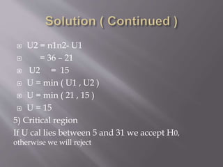  U2 = n1n2- U1
 = 36 – 21
 U2 = 15
 U = min ( U1 , U2 )
 U = min ( 21 , 15 )
 U = 15
5) Critical region
If U cal lies between 5 and 31 we accept H0,
otherwise we will reject
 