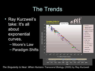 The Trends Ray Kurzweil’s take: It's all about exponential curves. Moore’s Law Paradigm Shifts The Singularity Is Near: When Humans Transcend Biology  (2005) by Ray Kurzweil 