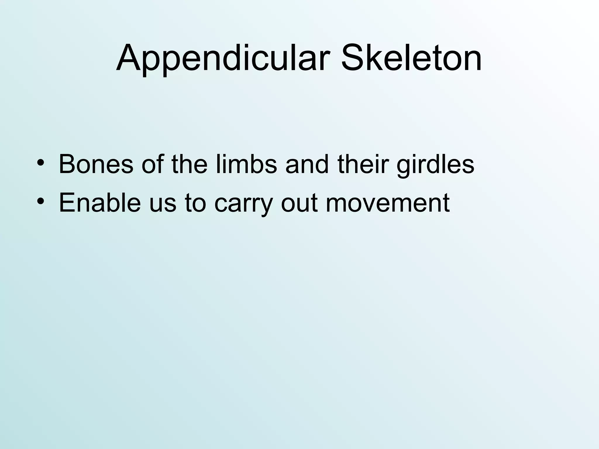 Appendicular Skeleton Bones of the limbs and their girdles Enable us to carry out movement 