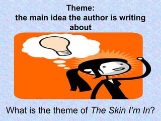 Theme:
the main idea the author is writing
about
What is the theme of The Skin I’m In?
 
