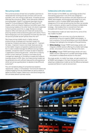 The SMAC Code | 25

New pricing models

Collaboration with other vendors

The current business climate has compelled customers to
reevaluate their existing and new contracts with service
providers, who, are moving to high-value, innovative service
offerings like consulting, SMAC, which demands a different
pricing paradigm. Indian IT companies have been pricing
based on Time and Material (T&M) and Fixed Price (FP)
models, which are linked to headcount and effort spent. Nonlinear pricing models on the other hand, link clients’ expenses
to their business outcomes or usage. Billing is no longer
based on effort and revenues are linked with productivity
ensuring vendors share productivity gains with clients. This is
fast emerging as a win-win proposition for both the client and
the service provider as both parties share the risk26.

With the dawn of the SMAC era, technology vendors find
themselves positioned in one of the two categories –
traditional IT-BPO service vendors who lack expertise in all
SMAC technologies, and emerging technology firms who
specialize in one or multiple SMAC technologies. Both
categories of firms lack something that the other can provide.
In such a scenario, vendors need to embrace a collaborative
strategy – that enables them to compliment their own
strengths with those of firms in the other category.

Non-linear pricing models result in higher revenue
productivity per employee and improved margins for
companies. Analysts estimates a margin gain of ~1 percent
for every ~5 percent move to non-linear revenues owing
to their better margins compared to traditional services26.
But in order to better leverage the different pricing models
available, companies need to increase its level of adoption
in application outsourcing services – which form a majority
of their current revenues. Success in non-linear pricing
management depends on the ability to isolate and measure
business drivers or KPIs. Also, non-linear pricing models can
be perfected only with sufficient data points and experience
which can act as a guiding factor to decide on key KPIs and
outcomes26.

This collaborative model can take many forms; some of the
key models include3:
•	 Partnership: Firms can enter into a formal alliance or
partnership to focus on specific SMAC technologies. In
such a scenario, firms will tend follow a joint Go-to-Market
strategy that highlights the strengths of the partnership.
•	 White labeling: A larger IT-BPO technology vendor will
integrate a SMAC solution offering of a smaller technology
vendor, and present it as its own offering to the client.
•	 Re-selling: A larger IT-BPO technology vendor will use a
SMAC solution offering from a smaller technology vendor,
and present a collaborative solution to the client.
No single vendor, no matter how large, can gain expertise in
all SMAC technologies in this fast moving environment, and
adopting a collaborative model can be the difference between
success and failure in such an environment.

This will mandate building of comprehensive baseline
repositories. Lastly, a “Consultative” front end will need to be
created engaging with key stakeholders at various levels to
gather business insights, obtain buy in and drive change that
will ultimately deliver business results.

© 2013 KPMG, an Indian Registered Partnership and a member firm of the KPMG network of independent member firms affiliated with KPMG International Cooperative (“KPMG International”), a Swiss entity. All rights reserved.

 