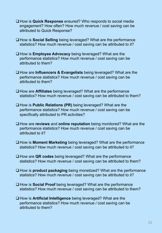 q How is Quick Response ensured? Who responds to social media
engagement? How often? How much revenue / cost saving can be
attributed to Quick Response?
q How is Social Selling being leveraged? What are the performance
statistics? How much revenue / cost saving can be attributed to it?
q How is Employee Advocacy being leveraged? What are the
performance statistics? How much revenue / cost saving can be
attributed to them?
q How are Influencers & Evangelists being leveraged? What are the
performance statistics? How much revenue / cost saving can be
attributed to them?
q How are Affiliates being leveraged? What are the performance
statistics? How much revenue / cost saving can be attributed to them?
q How is Public Relations (PR) being leveraged? What are the
performance statistics? How much revenue / cost saving can be
specifically attributed to PR activities?
q How are reviews and online reputation being monitored? What are the
performance statistics? How much revenue / cost saving can be
attributed to it?
q How is Moment Marketing being leveraged? What are the performance
statistics? How much revenue / cost saving can be attributed to it?
q How are QR codes being leveraged? What are the performance
statistics? How much revenue / cost saving can be attributed to them?
q How is product packaging being monetized? What are the performance
statistics? How much revenue / cost saving can be attributed to it?
q How is Social Proof being leveraged? What are the performance
statistics? How much revenue / cost saving can be attributed to them?
q How is Artificial Intelligence being leveraged? What are the
performance statistics? How much revenue / cost saving can be
attributed to them?
23	
 