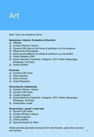 Art
Note: This is an indicative funnel.
Awareness, Interest, Evaluation & Decision
q  Affiliates
q  Content (Photos, Videos)
q  Dynamic QR code on the frame of painting or on the sculpture.
q  Influencers & Evangelists
q  Niche social platforms for artists & collectors e.g. DeviantArt.
q  Public Relations (PR)
q  Social networks (Facebook, Instagram, IGTV, Reels, Messenger,
WhatsApp, YouTube)
q  Online portfolio
Purchase
q  Dynamic QR codes
q  Fake detection
q  Quick contract
q  Quick Response
Nurturing the relationship
q  Content (Photos, Videos)
q  Dynamic QR codes
q  Loyalty programs
q  Social networks (Facebook, Instagram, IGTV, Reels, Messenger,
WhatsApp, YouTube)
q  Subscription model
Re-purchase / upsell / cross-sell
q  Dynamic QR codes
q  Content (Photos, Videos)
q  Loyalty programs
q  Online portfolio
q  Special schemes & offers
Artists can also generate revenues from merchandise, paid online courses
and reprints. 39	
 