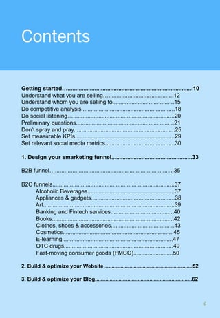 Contents
Getting started…...............................................................................10
Understand what you are selling….........................................12
Understand whom you are selling to.......................................15
Do competitive analysis...........................................................18
Do social listening…................................................................20
Preliminary questions..............................................................21
Don’t spray and pray................................................................25
Set measurable KPIs...............................................................29
Set relevant social media metrics............................................30
1. Design your smarketing funnel...................................................33
B2B funnel…...........................................................................35
B2C funnels.............................................................................37
Alcoholic Beverages.......................................................37
Appliances & gadgets.....................................................38
Art...................................................................................39
Banking and Fintech services........................................40
Books.............................................................................42
Clothes, shoes & accessories........................................43
Cosmetics......................................................................45
E-learning......................................................................47
OTC drugs.....................................................................49
Fast-moving consumer goods (FMCG).........................50
2. Build & optimize your Website….........................................................52
3. Build & optimize your Blog..................................................................62
6	
 