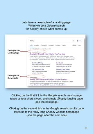 84	
Let’s take an example of a landing page.
When we do a Google search
for Shopify, this is what comes up:
Clicking on the first link in the Google search results page
takes us to a short, sweet, and simple Shopify landing page
(see the next page)
Clicking on the second link in the Google search results page
takes us to the really long Shopify website homepage
(see the page after the next one)
 