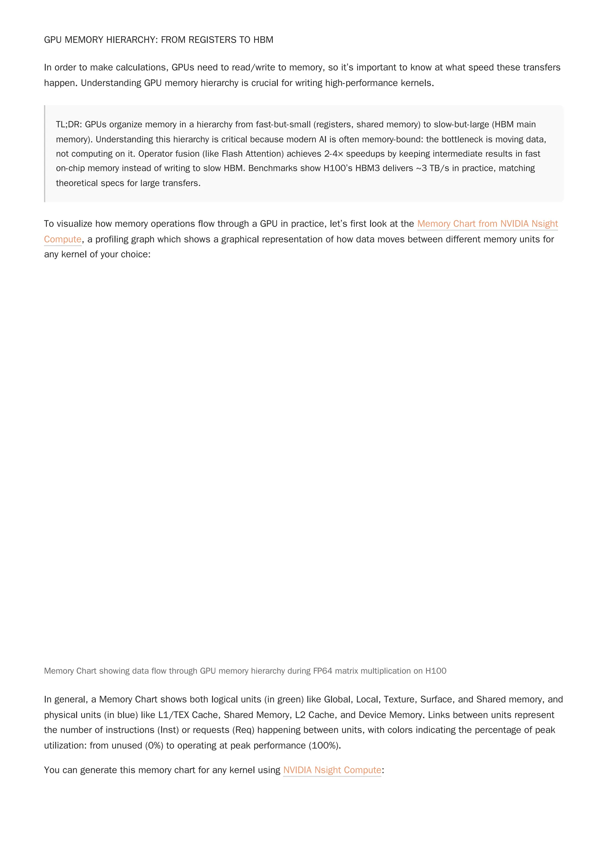 GPU MEMORY HIERARCHY: FROM REGISTERS TO HBM
In order to make calculations, GPUs need to read/write to memory, so it’s important to know at what speed these transfers
happen. Understanding GPU memory hierarchy is crucial for writing high-performance kernels.
TL;DR: GPUs organize memory in a hierarchy from fast-but-small (registers, shared memory) to slow-but-large (HBM main
memory). Understanding this hierarchy is critical because modern AI is often memory-bound: the bottleneck is moving data,
not computing on it. Operator fusion (like Flash Attention) achieves 2-4× speedups by keeping intermediate results in fast
on-chip memory instead of writing to slow HBM. Benchmarks show H100’s HBM3 delivers ~3 TB/s in practice, matching
theoretical specs for large transfers.
To visualize how memory operations flow through a GPU in practice, let’s first look at the Memory Chart from NVIDIA Nsight
Compute, a profiling graph which shows a graphical representation of how data moves between different memory units for
any kernel of your choice:
In general, a Memory Chart shows both logical units (in green) like Global, Local, Texture, Surface, and Shared memory, and
physical units (in blue) like L1/TEX Cache, Shared Memory, L2 Cache, and Device Memory. Links between units represent
the number of instructions (Inst) or requests (Req) happening between units, with colors indicating the percentage of peak
utilization: from unused (0%) to operating at peak performance (100%).
You can generate this memory chart for any kernel using NVIDIA Nsight Compute:
Memory Chart showing data flow through GPU memory hierarchy during FP64 matrix multiplication on H100
 
