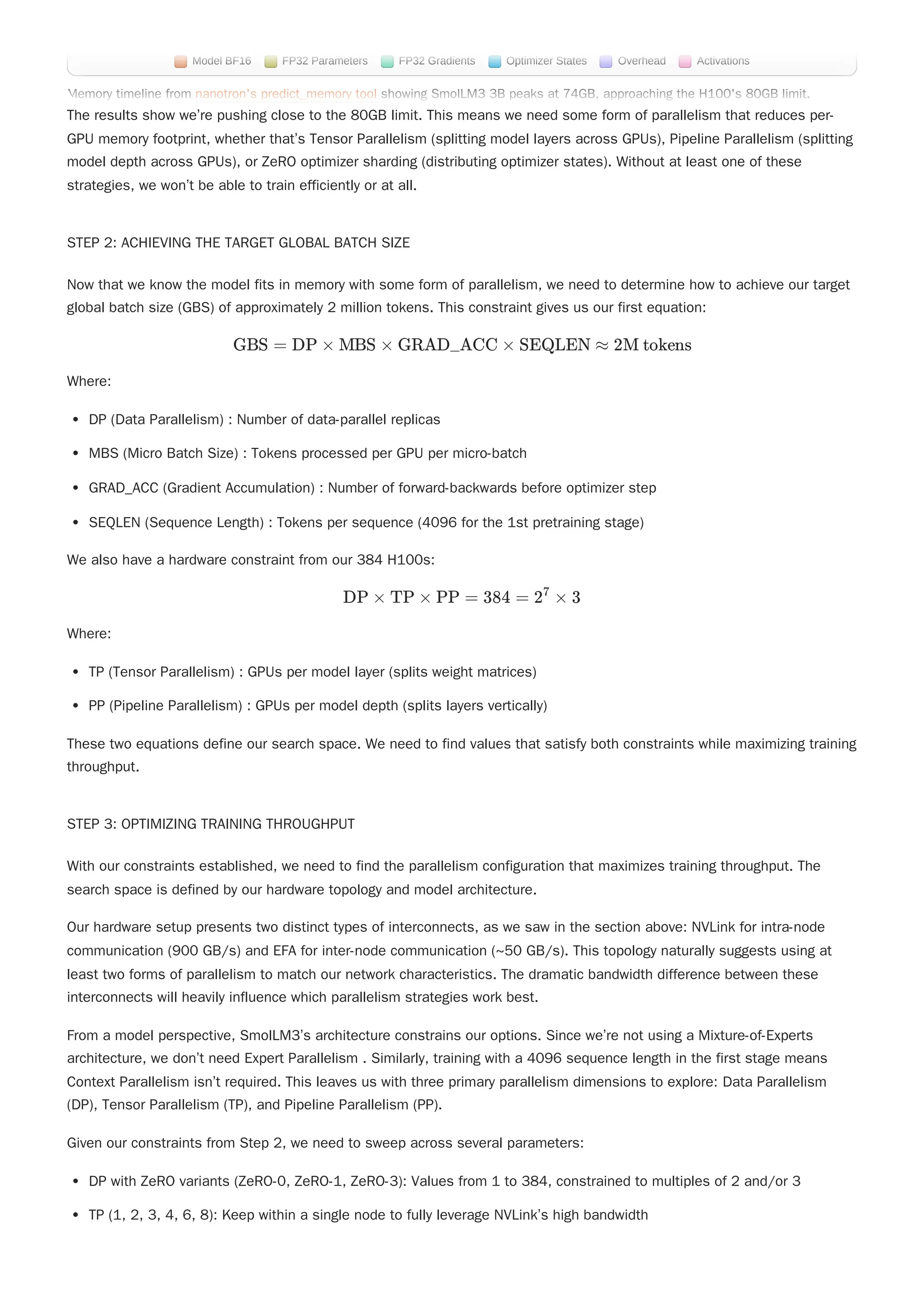 The results show we’re pushing close to the 80GB limit. This means we need some form of parallelism that reduces per-
GPU memory footprint, whether that’s Tensor Parallelism (splitting model layers across GPUs), Pipeline Parallelism (splitting
model depth across GPUs), or ZeRO optimizer sharding (distributing optimizer states). Without at least one of these
strategies, we won’t be able to train efficiently or at all.
STEP 2: ACHIEVING THE TARGET GLOBAL BATCH SIZE
Now that we know the model fits in memory with some form of parallelism, we need to determine how to achieve our target
global batch size (GBS) of approximately 2 million tokens. This constraint gives us our first equation:
Where:
DP (Data Parallelism) : Number of data-parallel replicas
MBS (Micro Batch Size) : Tokens processed per GPU per micro-batch
GRAD_ACC (Gradient Accumulation) : Number of forward-backwards before optimizer step
SEQLEN (Sequence Length) : Tokens per sequence (4096 for the 1st pretraining stage)
We also have a hardware constraint from our 384 H100s:
Where:
TP (Tensor Parallelism) : GPUs per model layer (splits weight matrices)
PP (Pipeline Parallelism) : GPUs per model depth (splits layers vertically)
These two equations define our search space. We need to find values that satisfy both constraints while maximizing training
throughput.
STEP 3: OPTIMIZING TRAINING THROUGHPUT
With our constraints established, we need to find the parallelism configuration that maximizes training throughput. The
search space is defined by our hardware topology and model architecture.
Our hardware setup presents two distinct types of interconnects, as we saw in the section above: NVLink for intra-node
communication (900 GB/s) and EFA for inter-node communication (~50 GB/s). This topology naturally suggests using at
least two forms of parallelism to match our network characteristics. The dramatic bandwidth difference between these
interconnects will heavily influence which parallelism strategies work best.
From a model perspective, SmolLM3’s architecture constrains our options. Since we’re not using a Mixture-of-Experts
architecture, we don’t need Expert Parallelism . Similarly, training with a 4096 sequence length in the first stage means
Context Parallelism isn’t required. This leaves us with three primary parallelism dimensions to explore: Data Parallelism
(DP), Tensor Parallelism (TP), and Pipeline Parallelism (PP).
Given our constraints from Step 2, we need to sweep across several parameters:
DP with ZeRO variants (ZeRO-0, ZeRO-1, ZeRO-3): Values from 1 to 384, constrained to multiples of 2 and/or 3
TP (1, 2, 3, 4, 6, 8): Keep within a single node to fully leverage NVLink’s high bandwidth
GBS = DP × MBS × GRAD_ACC × SEQLEN ≈ 2M tokens
DP × TP × PP = 384 = 2 ×
7
3
Memory timeline from nanotron's predict_memory tool showing SmolLM3 3B peaks at 74GB, approaching the H100's 80GB limit.
Model BF16 FP32 Parameters FP32 Gradients Optimizer States Overhead Activations
Memory timeline from nanotron's predict_memory tool showing SmolLM3 3B peaks at 74GB, approaching the H100's 80GB limit.
Model BF16 FP32 Parameters FP32 Gradients Optimizer States Overhead Activations
 