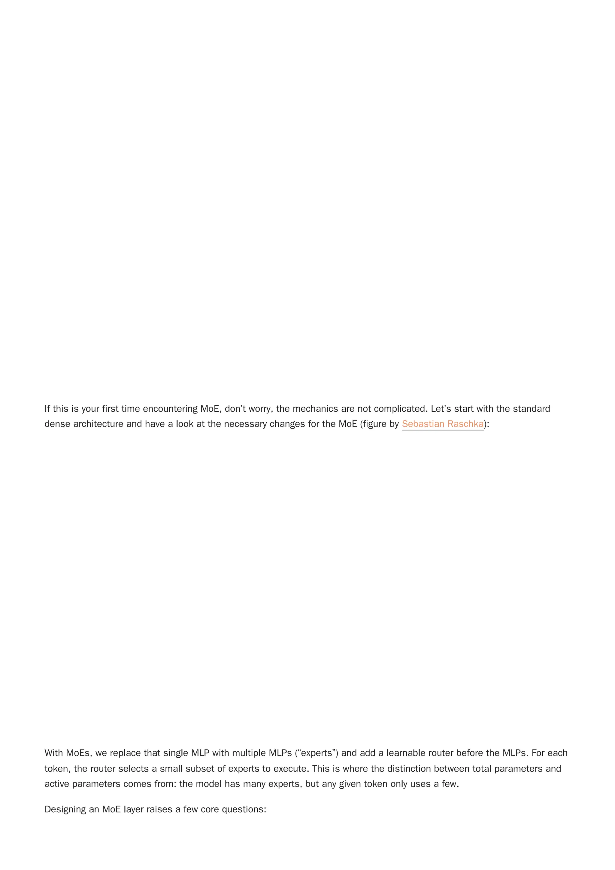 If this is your first time encountering MoE, don’t worry, the mechanics are not complicated. Let’s start with the standard
dense architecture and have a look at the necessary changes for the MoE (figure by Sebastian Raschka):
With MoEs, we replace that single MLP with multiple MLPs (“experts”) and add a learnable router before the MLPs. For each
token, the router selects a small subset of experts to execute. This is where the distinction between total parameters and
active parameters comes from: the model has many experts, but any given token only uses a few.
Designing an MoE layer raises a few core questions:
 