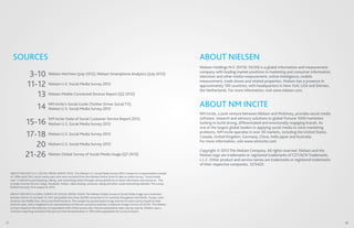 SOURCES                                                                                                                              ABOUT NIELSEN
                                                                                                                                            Nielsen Holdings N.V. (NYSE: NLSN) is a global information and measurement

                    3-10 Nielsen NetView (July 2012), Nielsen Smartphone Analytics (July 2012)                                              company with leading market positions in marketing and consumer information,
                                                                                                                                            television and other media measurement, online intelligence, mobile

                   11-12 Nielsen U.S. Social Media Survey 2012
                                                                                                                                            measurement, trade shows and related properties. Nielsen has a presence in
                                                                                                                                            approximately 100 countries, with headquarters in New York, USA and Diemen,
                                                                                                                                            the Netherlands. For more information, visit www.nielsen.com.
                      13 Nielsen Mobile Connected Devices Report (Q2 2012)
                      14 NM Incite’s Social Guide (Twitter 2012 Social TV),
                         Nielsen U.S. Social Media Survey
                                                           Drives                                                                           ABOUT NM INCITE
                                                                                                                                            NM Incite, a joint venture between Nielsen and McKinsey, provides social media
                                                                                                                                            software, research and advisory solutions to global Fortune 1000 marketers
                 15-16
                                     NM Incite State of Social Customer Service Report 2012,
                                     Nielsen U.S. Social Media Survey 2012                                                                  looking to build strong, differentiated and emotionally-engaging brands. As
                                                                                                                                            one of the largest global leaders in applying social media to solve marketing

                 17-18 Nielsen U.S. Social Media Survey 2012                                                                                problems, NM Incite operates in over 30 markets, including the United States,
                                                                                                                                            Canada, United Kingdom, Germany, China, India Japan and Australia.

                    20 Nielsen U.S. Social Media Survey 2012
                                                                                                                                            For more information, visit www.nmincite.com.

                                                                                                                                            Copyright © 2012 The Nielsen Company. All rights reserved. Nielsen and the
                 21-26 Nielsen Global Survey of Social Media Usage (Q1 2012)                                                                Nielsen logo are trademarks or registered trademarks of CZT/ACN Trademarks,
                                                                                                                                            L.L.C. Other product and service names are trademarks or registered trademarks
                                                                                                                                            of their respective companies. 12/5420.

     ABOUT NIELSEN’S U.S. SOCIAL MEDIA SURVEY 2012: The Nielsen U.S. Social Media Survey 2012 is based on a representative sample
     of 1,998 adult (18+) social media users who were recruited from the Nielsen Online Panel to take an online survey. “Social media
     user” is defined as participating, talking, and networking online through various platforms to share information and resources. This
     includes Internet forums, blogs, Facebook, Twitter, video sharing, consumer rating and other social networking websites. The survey
     fielded from July 19 to August 8, 2012.

     ABOUT NIELSEN’S GLOBAL SURVEY OF SOCIAL MEDIA USAGE: The Nielsen Global Survey of Social Media Usage was conducted
     between March 23 and April 12, 2011 and polled more than 28,000 consumers in 51 countries throughout Asia Pacific, Europe, Latin
     America, the Middle East, Africa and North America. The sample has quotas based on age and sex for each country based on their
     Internet users, and is weighted to be representative of Internet consumers and has a maximum margin of error of ±0.6%. This Nielsen
     survey is based on the behavior of respondents with online access only. Internet penetration rates vary by country. Nielsen uses a
     minimum reporting standard of 60 percent Internet penetration or 10M online population for survey inclusion.


27                                                                                                                                                                                                                           28
 