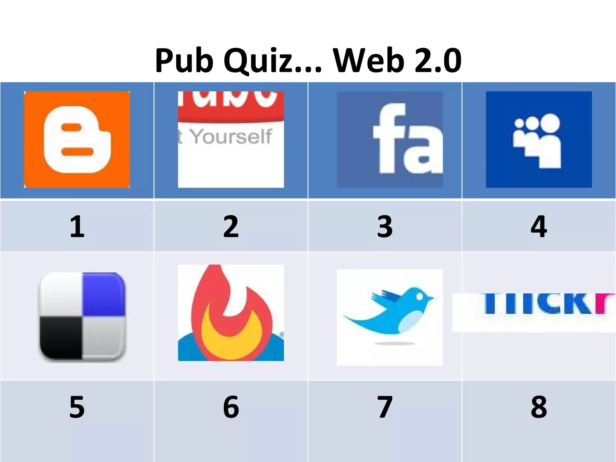 Pub Quiz... Web 2.0 1 2 3 4 5 6 7 8 