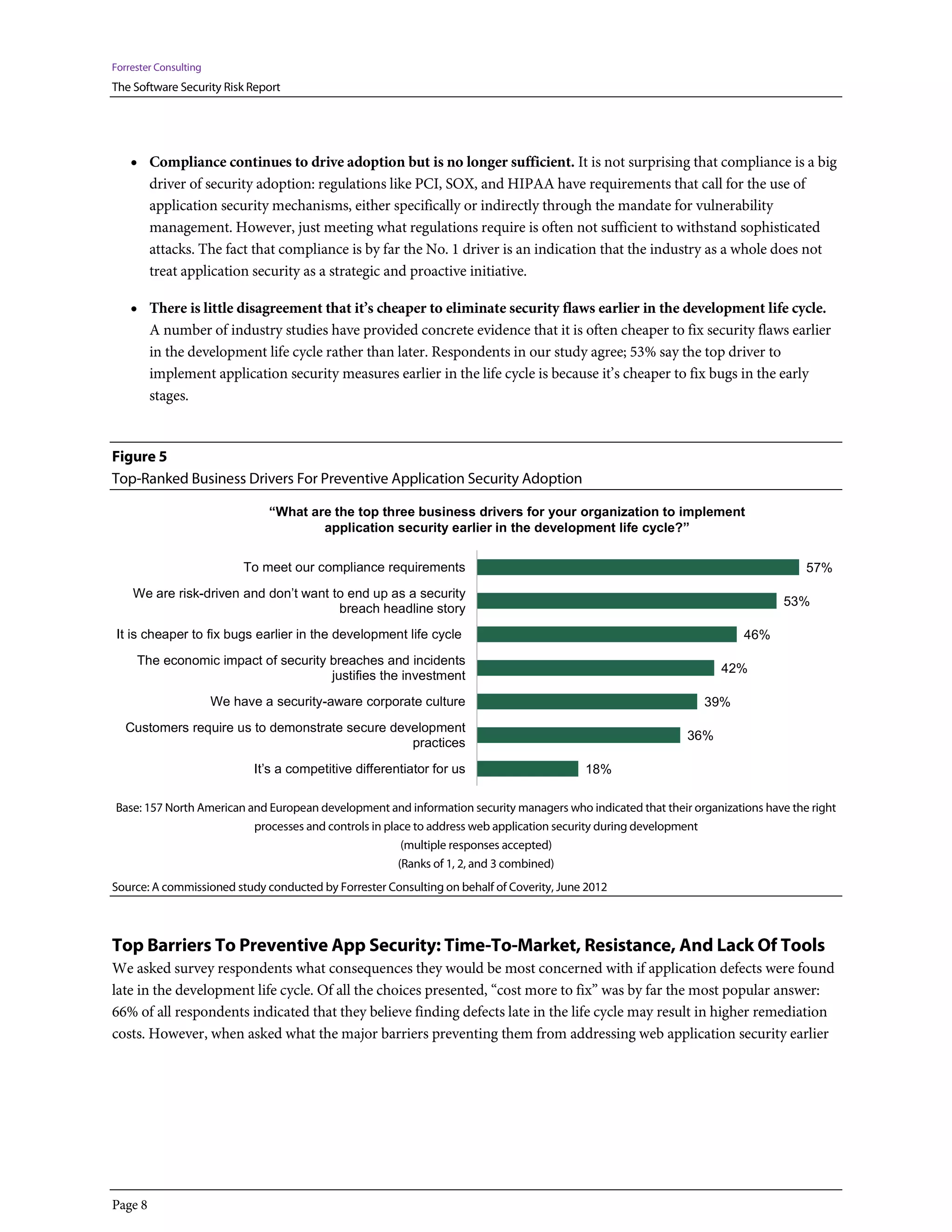 Forrester Consulting
The Software Security Risk Report




    • Compliance continues to drive adoption but is no longer sufficient. It is not surprising that compliance is a big
         driver of security adoption: regulations like PCI, SOX, and HIPAA have requirements that call for the use of
         application security mechanisms, either specifically or indirectly through the mandate for vulnerability
         management. However, just meeting what regulations require is often not sufficient to withstand sophisticated
         attacks. The fact that compliance is by far the No. 1 driver is an indication that the industry as a whole does not
         treat application security as a strategic and proactive initiative.

    • There is little disagreement that it’s cheaper to eliminate security flaws earlier in the development life cycle.
         A number of industry studies have provided concrete evidence that it is often cheaper to fix security flaws earlier
         in the development life cycle rather than later. Respondents in our study agree; 53% say the top driver to
         implement application security measures earlier in the life cycle is because it’s cheaper to fix bugs in the early
         stages.


Figure 5
Top-Ranked Business Drivers For Preventive Application Security Adoption

                                “What are the top three business drivers for your organization to implement
                                        application security earlier in the development life cycle?”


                            To meet our compliance requirements                                                                    57%
    We are risk-driven and don’t want to end up as a security
                                                                                                                               53%
                                       breach headline story
 It is cheaper to fix bugs earlier in the development life cycle                                                       46%
     The economic impact of security breaches and incidents
                                                                                                                   42%
                                     justifies the investment
                       We have a security-aware corporate culture                                              39%
   Customers require us to demonstrate secure development
                                                                                                            36%
                                                 practices
                              It’s a competitive differentiator for us                    18%

Base: 157 North American and European development and information security managers who indicated that their organizations have the right
                          processes and controls in place to address web application security during development
                                                        (multiple responses accepted)
                                                       (Ranks of 1, 2, and 3 combined)
Source: A commissioned study conducted by Forrester Consulting on behalf of Coverity, June 2012



Top Barriers To Preventive App Security: Time-To-Market, Resistance, And Lack Of Tools
We asked survey respondents what consequences they would be most concerned with if application defects were found
late in the development life cycle. Of all the choices presented, “cost more to fix” was by far the most popular answer:
66% of all respondents indicated that they believe finding defects late in the life cycle may result in higher remediation
costs. However, when asked what the major barriers preventing them from addressing web application security earlier




Page 8
 