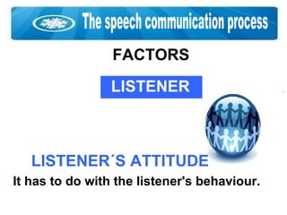 The speech communication process FACTORS LISTENER LISTENER´S ATTITUDE It has to do with the listener's behaviour. 