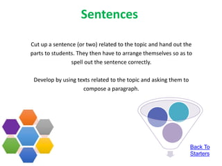 Sentences
Cut up a sentence (or two) related to the topic and hand out the
parts to students. They then have to arrange themselves so as to
spell out the sentence correctly.
Develop by using texts related to the topic and asking them to
compose a paragraph.
Back To
Starters
 