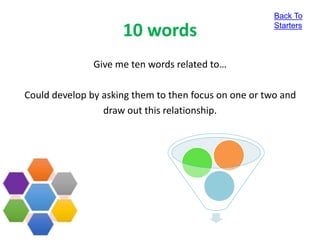 10 words
Give me ten words related to…
Could develop by asking them to then focus on one or two and
draw out this relationship.
Back To
Starters
 