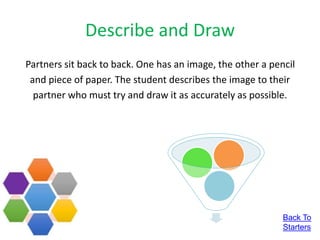 Describe and Draw
Partners sit back to back. One has an image, the other a pencil
and piece of paper. The student describes the image to their
partner who must try and draw it as accurately as possible.
Back To
Starters
 