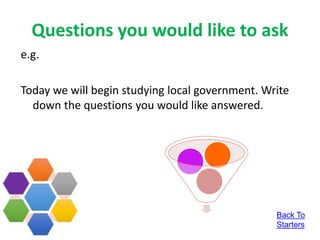 Questions you would like to ask
e.g.
Today we will begin studying local government. Write
down the questions you would like answered.
Back To
Starters
 
