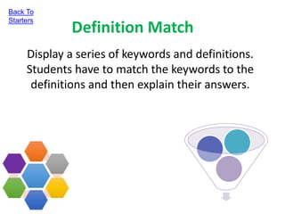 Definition Match
Back To
Starters
Display a series of keywords and definitions.
Students have to match the keywords to the
definitions and then explain their answers.
 