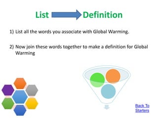 List Definition
1) List all the words you associate with Global Warming.
2) Now join these words together to make a definition for Global
Warming
Back To
Starters
 