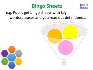 Bingo Sheets
e.g. Pupils get bingo sheets with key
words/phrases and you read out definitions...
Back To
Starters
 