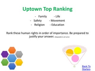 Uptown Top Ranking
- Family - Life
- Safety - Movement
- Religion - Education
Rank these human rights in order of importance. Be prepared to
justify your answer. (Adaptable to all sorts)
Back To
Starters
 