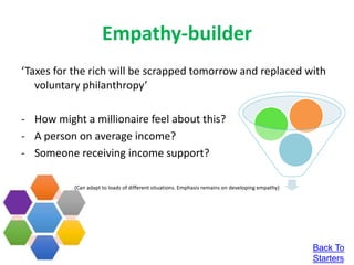 Empathy-builder
‘Taxes for the rich will be scrapped tomorrow and replaced with
voluntary philanthropy’
- How might a millionaire feel about this?
- A person on average income?
- Someone receiving income support?
(Can adapt to loads of different situations. Emphasis remains on developing empathy)
Back To
Starters
 