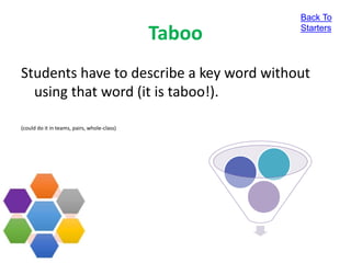 Taboo
Students have to describe a key word without
using that word (it is taboo!).
(could do it in teams, pairs, whole-class)
Back To
Starters
 