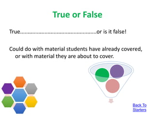 True or False
True..................................................or is it false!
Could do with material students have already covered,
or with material they are about to cover.
Back To
Starters
 