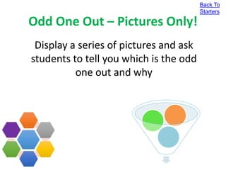 Odd One Out – Pictures Only!
Back To
Starters
Display a series of pictures and ask
students to tell you which is the odd
one out and why
 