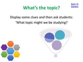 What’s the topic?
Display some clues and then ask students:
‘What topic might we be studying?
Back To
Starters
 